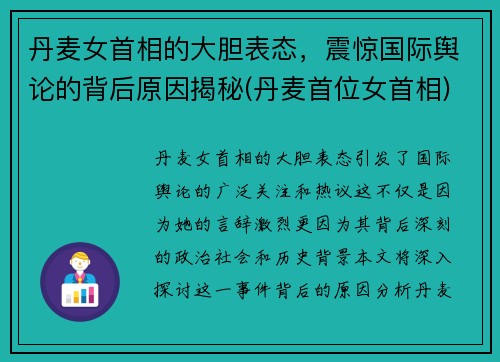 丹麦女首相的大胆表态，震惊国际舆论的背后原因揭秘(丹麦首位女首相)